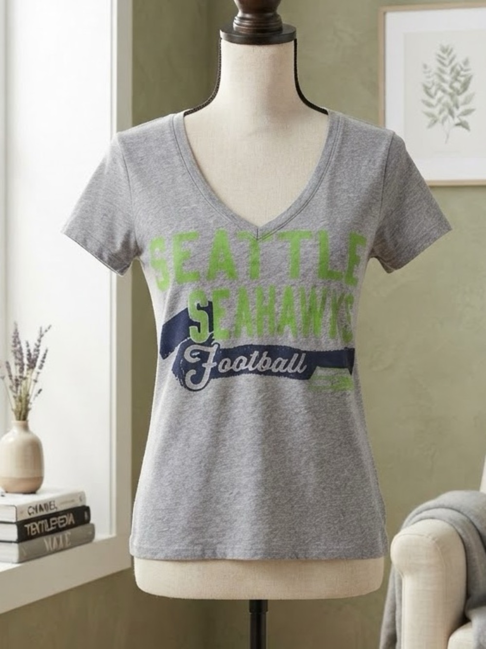 NFL Women’s Gray V-Neck Seattle Seahawks Tee with Lime and Navy Logo